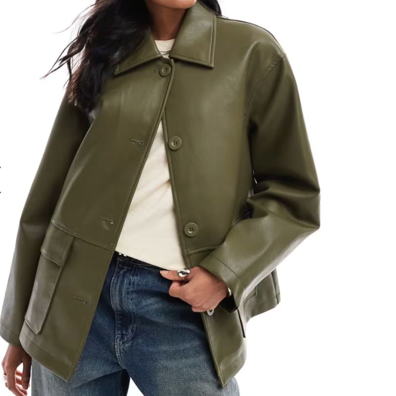ASOS , Leather Look Harrington Jacket in Khaki