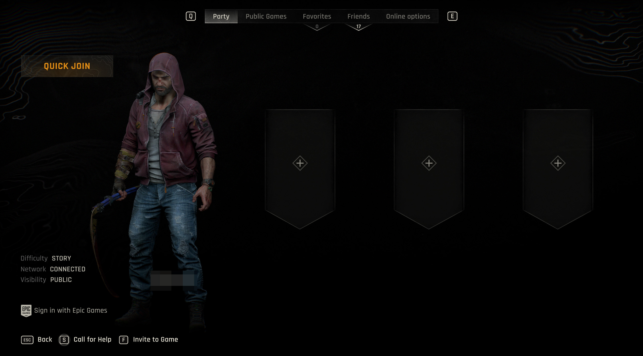  The Beast co-op menu - The multiplayer campaign menu showing one player with slots for three other friends to join