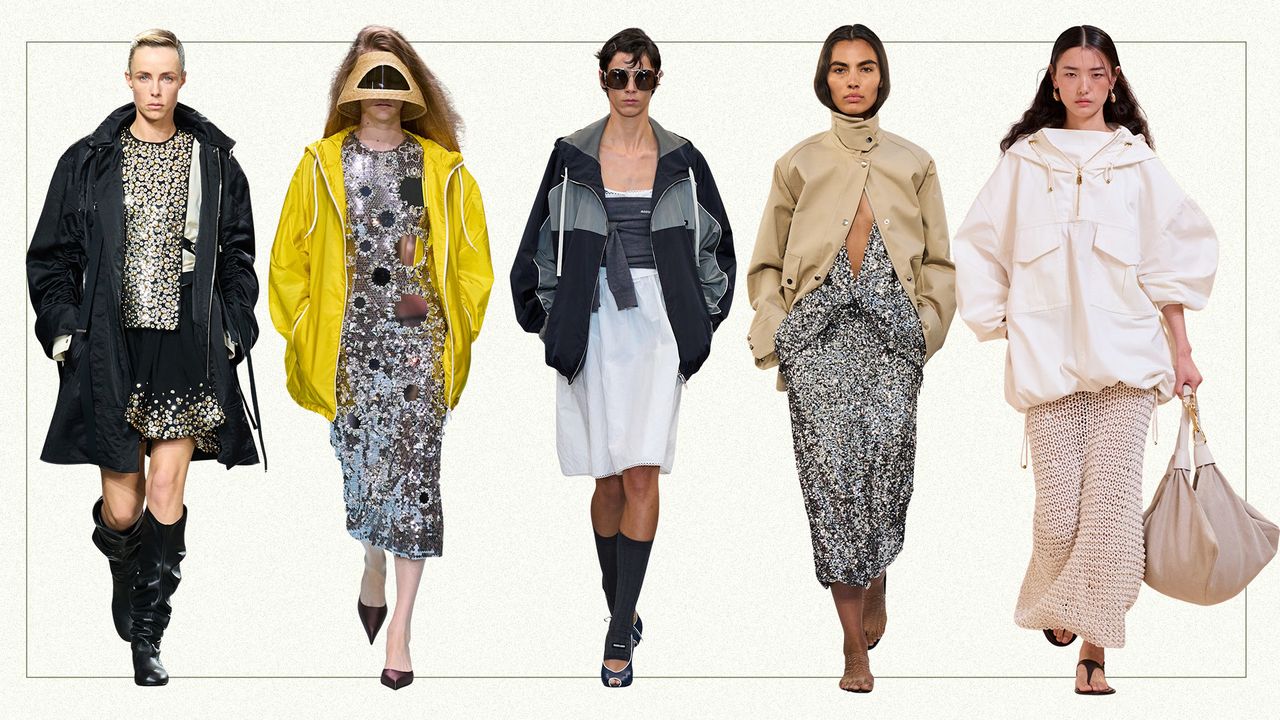 A collage against an off-white background showing models from the S/S 25 runway season wearing sporty jackets with formal dresses. 