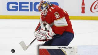 Goaltender Sergei Bobrovsky defends the net ahead of the Stanley Cup Finals 2024