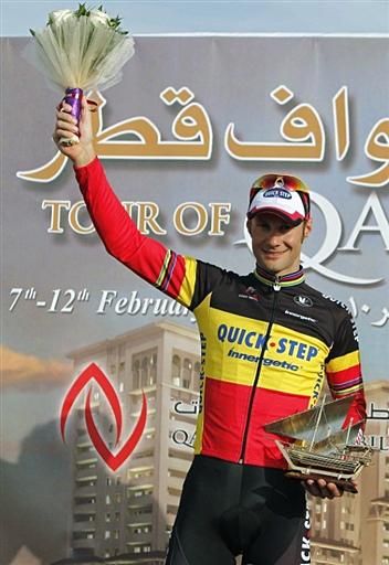Tom Boonen (Quick Step) takes his 17th career stage win trophy in Qatar.