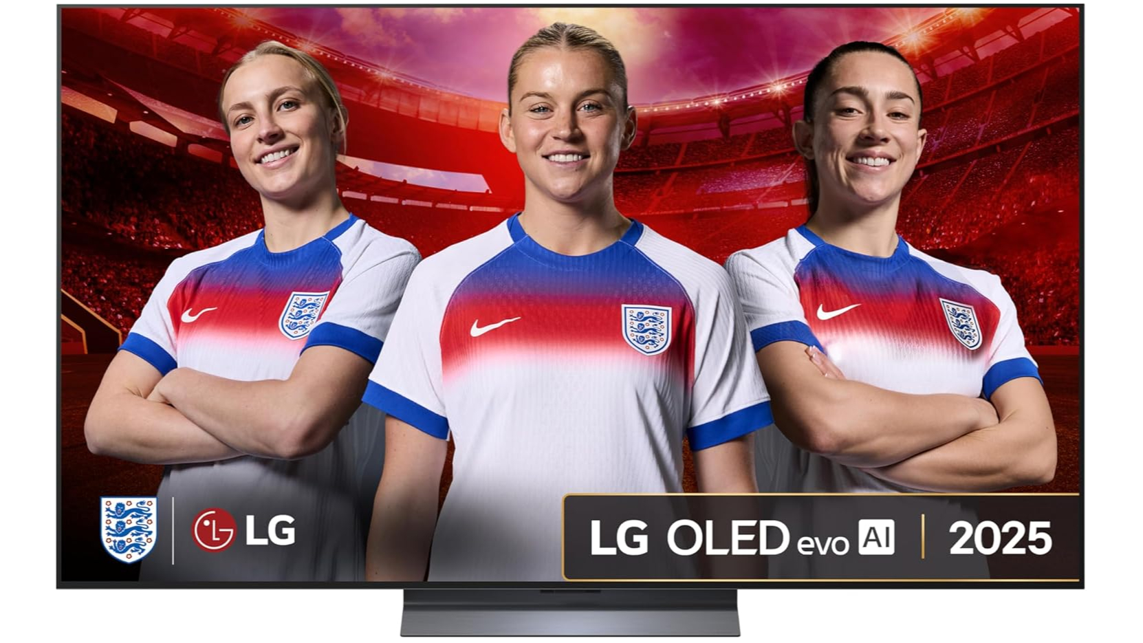 The 65-inch LG C5 pictured against a white background. On the screen are players from the England women's national football team
