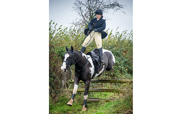 A follower of the West Somerset Vale has to sit tight over a hunt rail