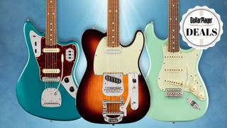 Three Fender guitars on a blue background