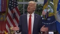 James Austin Johnson dressed as Donald Trump speaks in the Oval Office.