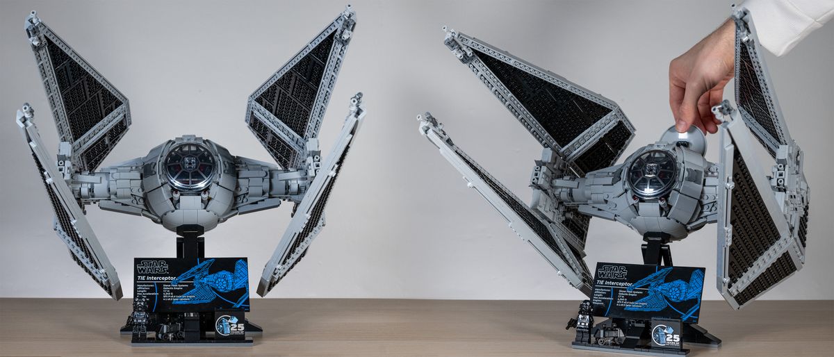 Lego TIE Interceptor front-on view (left) next to 3/4 view (right) with hand opening cockpit hatch on a neutral background 