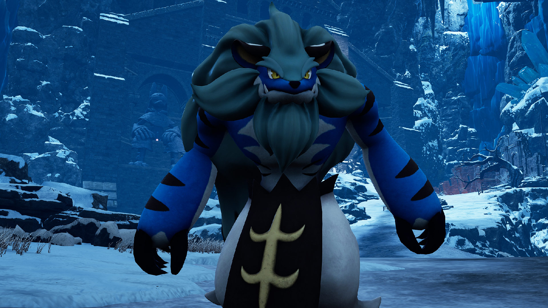 Palworld - Bastigor, a bipedal lion-like pal that's snow-themed.
