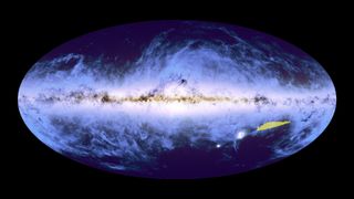 A oblong round map of space showing many stars, with a small yellow region highlighted off to the lower right