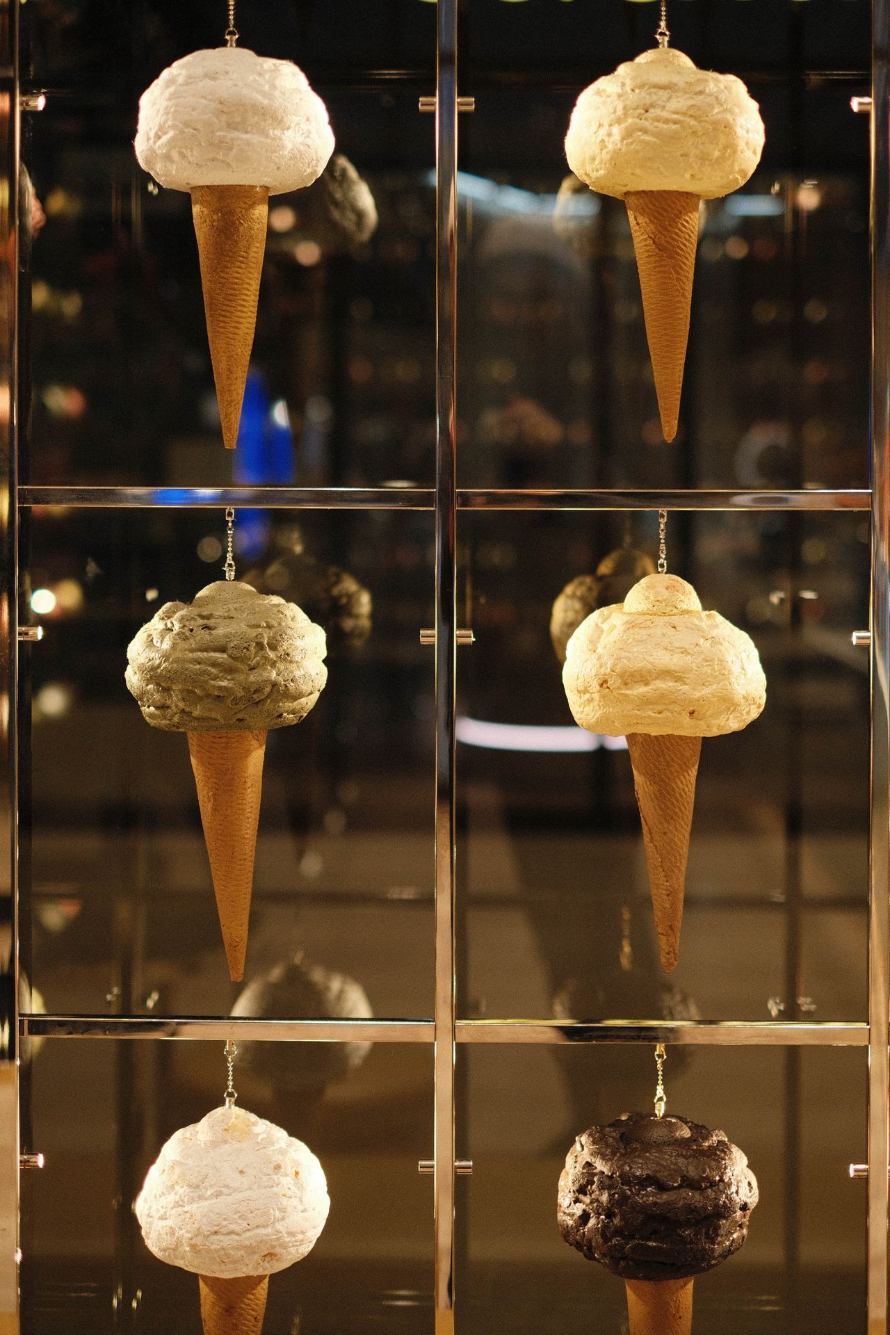 Fake ice cream cones displayed in a shop window
