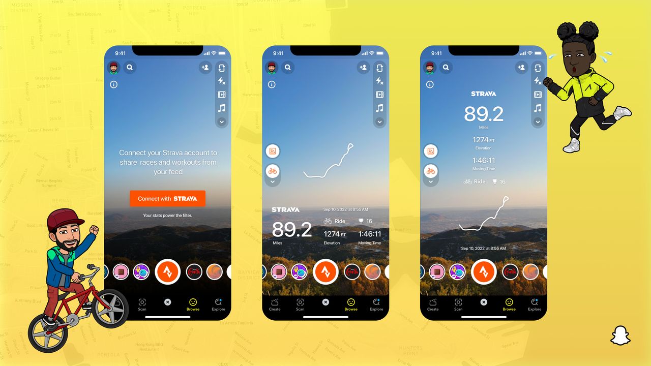 Image shows the new Strava Activity Lens on the Snapchat app.