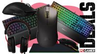 A selection of gaming mice, keyboards, and headsets on a pink and white deals background
