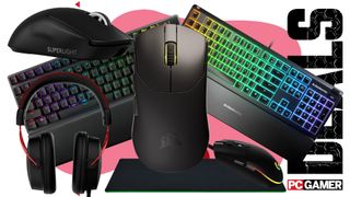A selection of gaming mice, keyboards, and headsets on a pink and white deals background