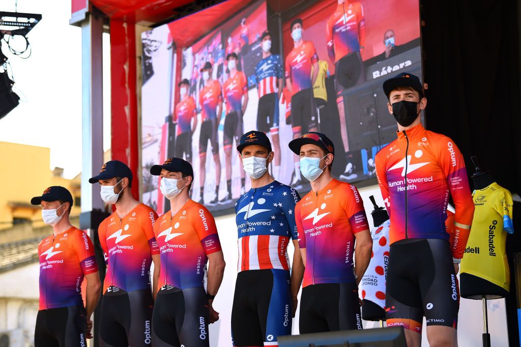 TORRENT SPAIN FEBRUARY 03 Kristian Aasvold of Norway Stephen Bassett of United States PierAndr Cot of Canada Chad Haga of United States Benjamin King of United States Joey Rosskopf of United States Gavin Mannion of United States and Team Human Powered Health during the team presentation prior to the 73rd Volta A La Comunitat Valenciana 2022 Stage 2 a 1715km stage from Btera to Torrent VCV2022 on February 03 2022 in Torrent Spain Photo by Dario BelingheriGetty Images