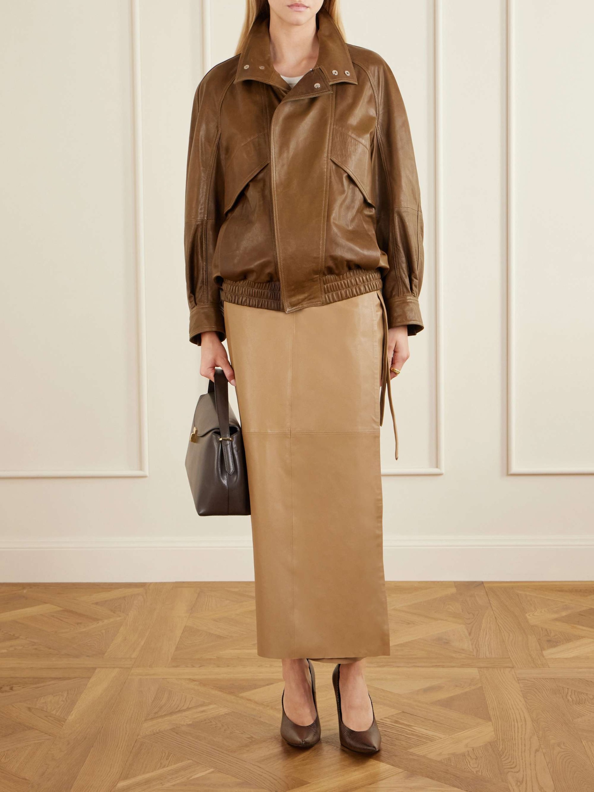 Paneled Leather Maxi Wrap Skirt