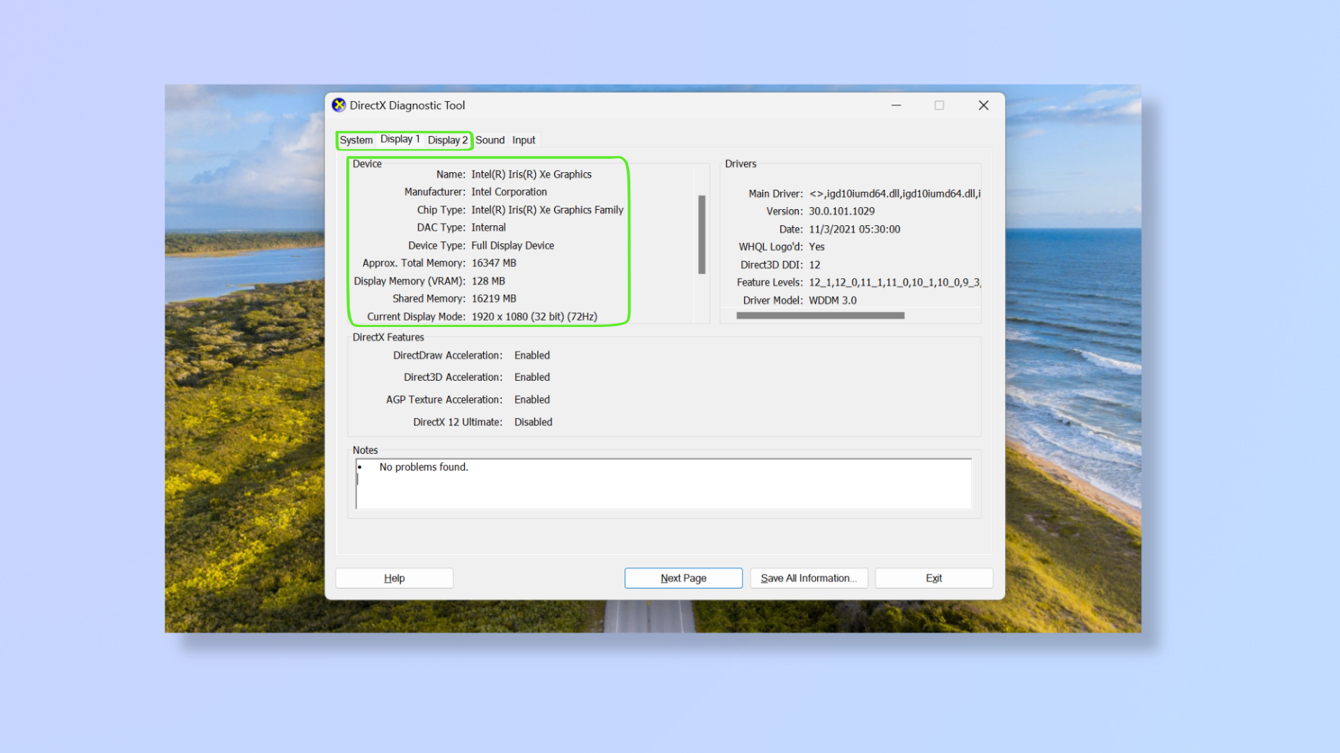 Снимок экрана DirectX в Windows с указанием характеристик графического процессора. 
