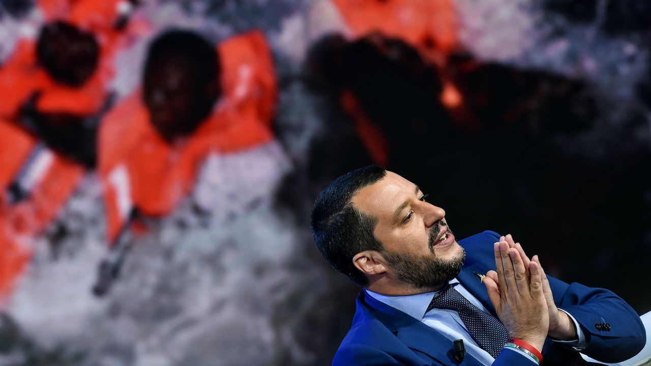 Italy&amp;#039;s interior minister Matteo Salvini appearing on a television talk show