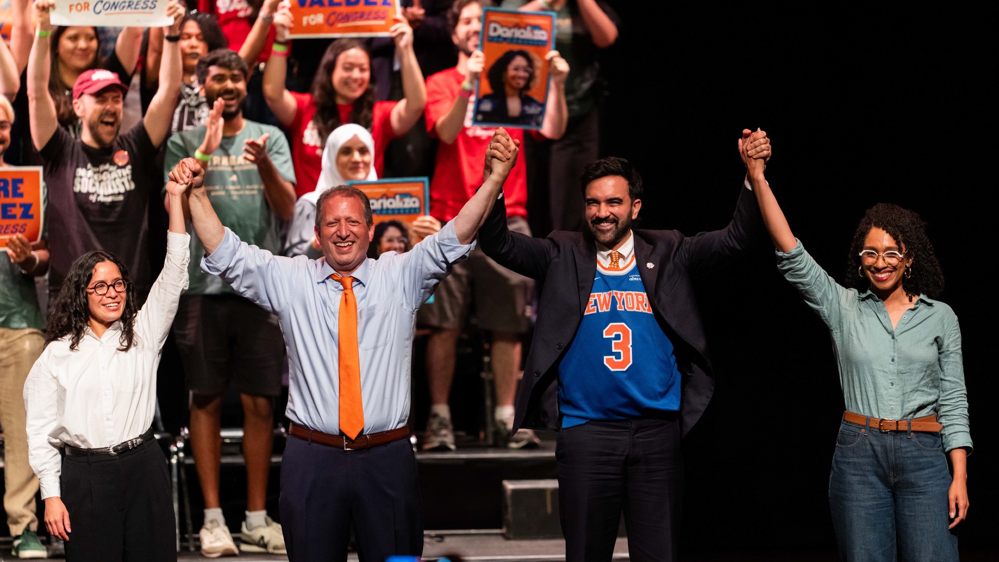 Claire Valdez, Brad Lander, Zohran Mamdani and Darializa Avila Chevalier during a "Get Out The Vote" rally in Brooklyn