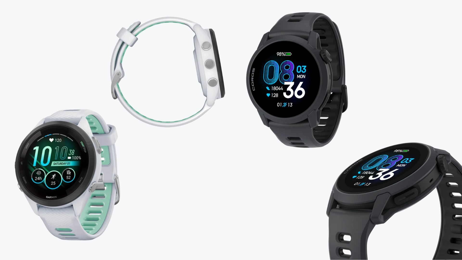 Garmin Forerunner 265 and Coros Pace 4 from different angles