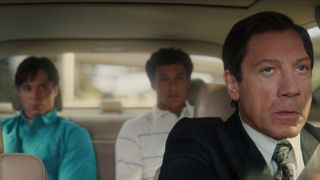 Nicholas Chavez as Lyle Menendez, Cooper Koch as Erik Menendez, Javier Bardem as Jose Menendez in episode 204 of Monsters: The Lyle And Erik Menendez Story