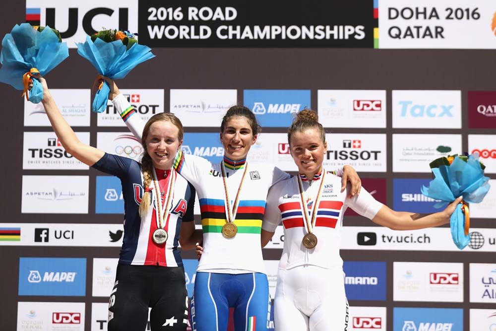 The junior women' podium: Skyar Schneider (USA), Elisa Balsamo (Italy) and Susanne Andersen (Norway)