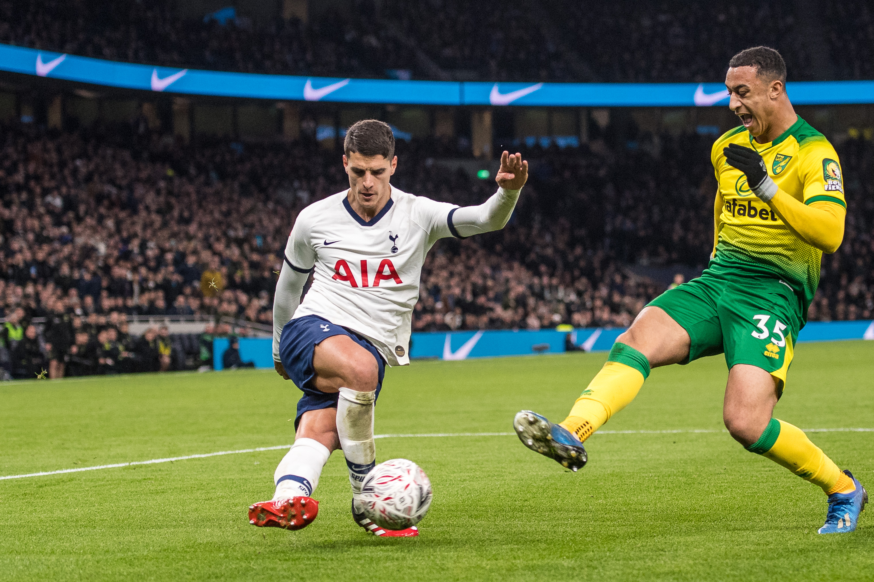 Tottenham's Erik Lamela crosses the ball with a rabona against Norwich City in the FA Cup in March 2020.