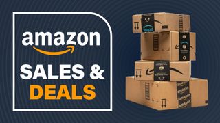 Amazon delivery boxes on blue background with Amazon logo and "Sales and Deals" text