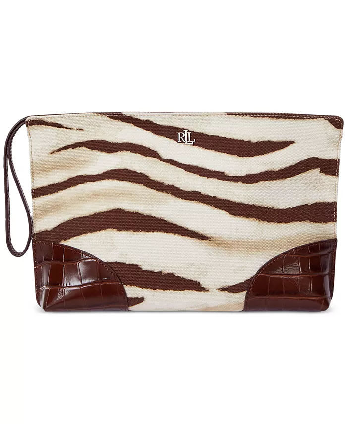 Lauren Ralph Lauren, Zebra-Print Canvas &amp;amp; Leather Large Pouch