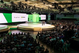 Google Cloud CEO Thomas Kurian on stage with Nvidia CEO Jensen Huang at Google Cloud Next 2023