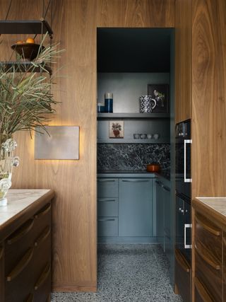 Image of a kitchen with terrazzo floors and wooden walls. The kitchen opens into a pantry that is painted in a slate blue color with slate blue cabinetry