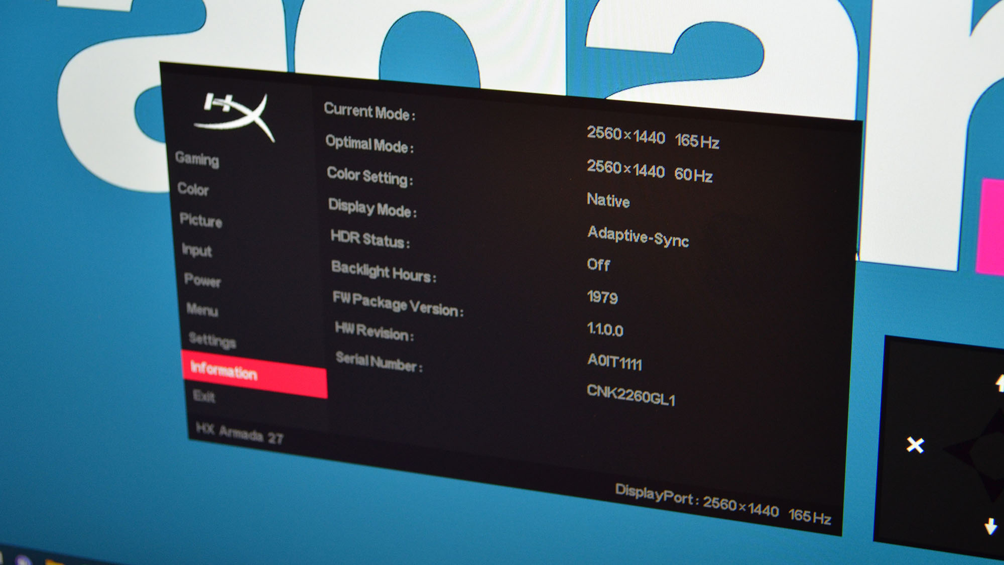 The settings menu on the HyperX Armada 27