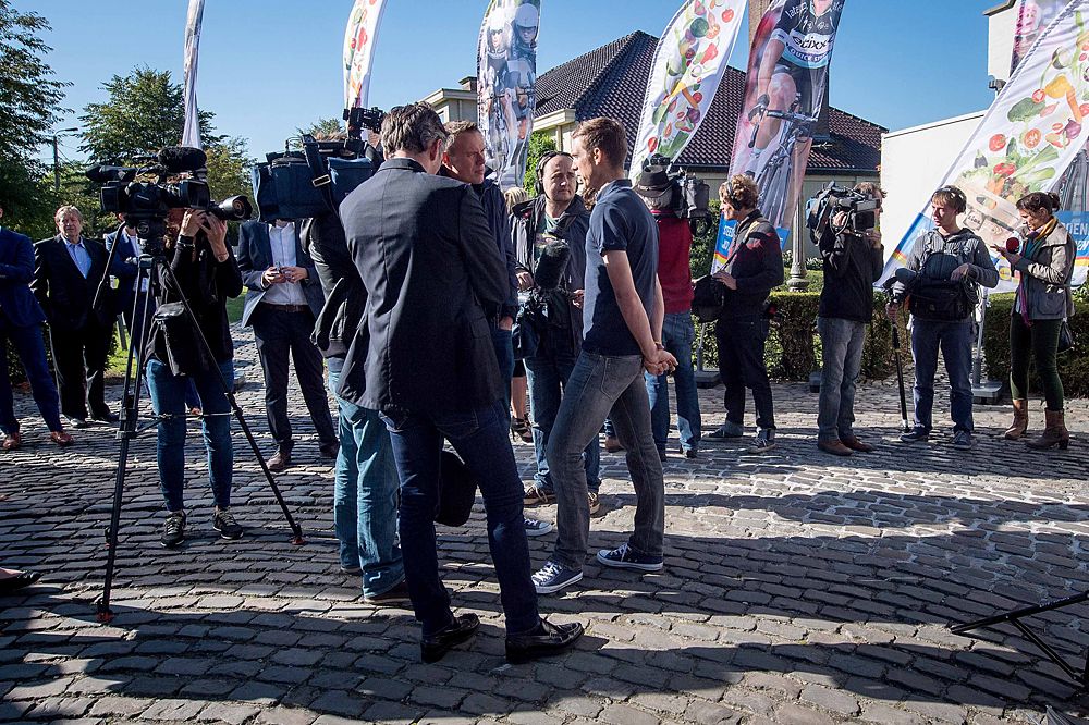 Riders meet with the press at the announcement of Lidl as a team sponsor