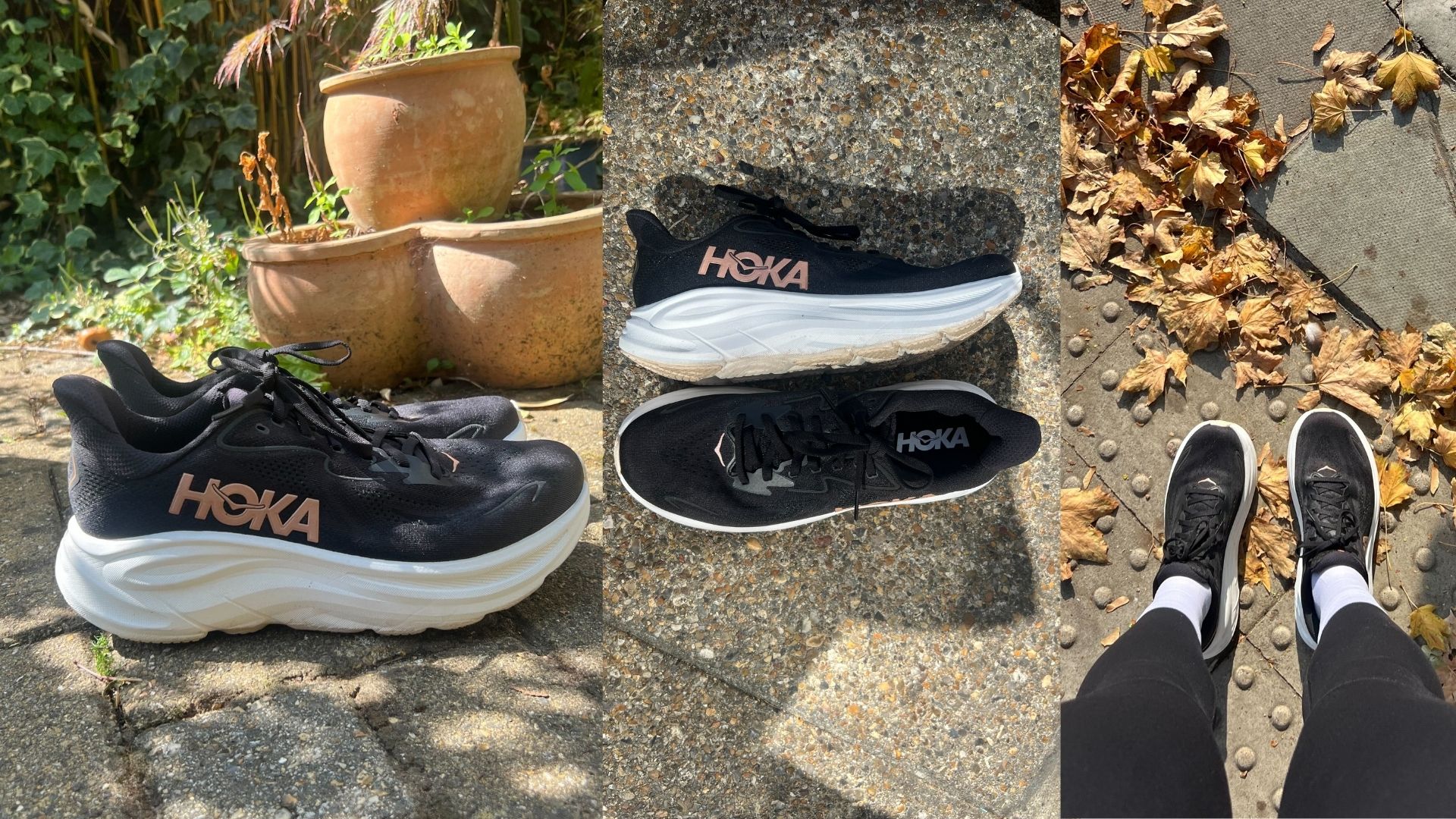 Grace Walsh wearing the Hoka Clifton 10 with shoes on display in sunny garden