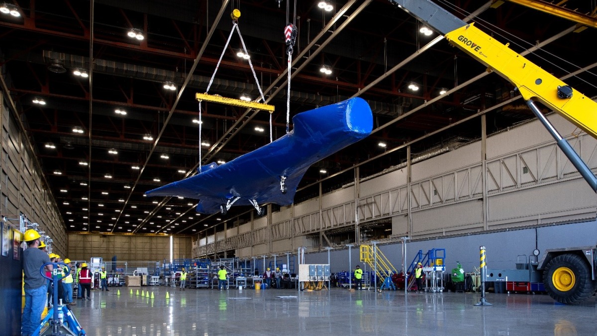 The X-59 is wrapped for protection during a crane operation at Lockheed Martin’s Skunk Works facility in Palmdale, California.