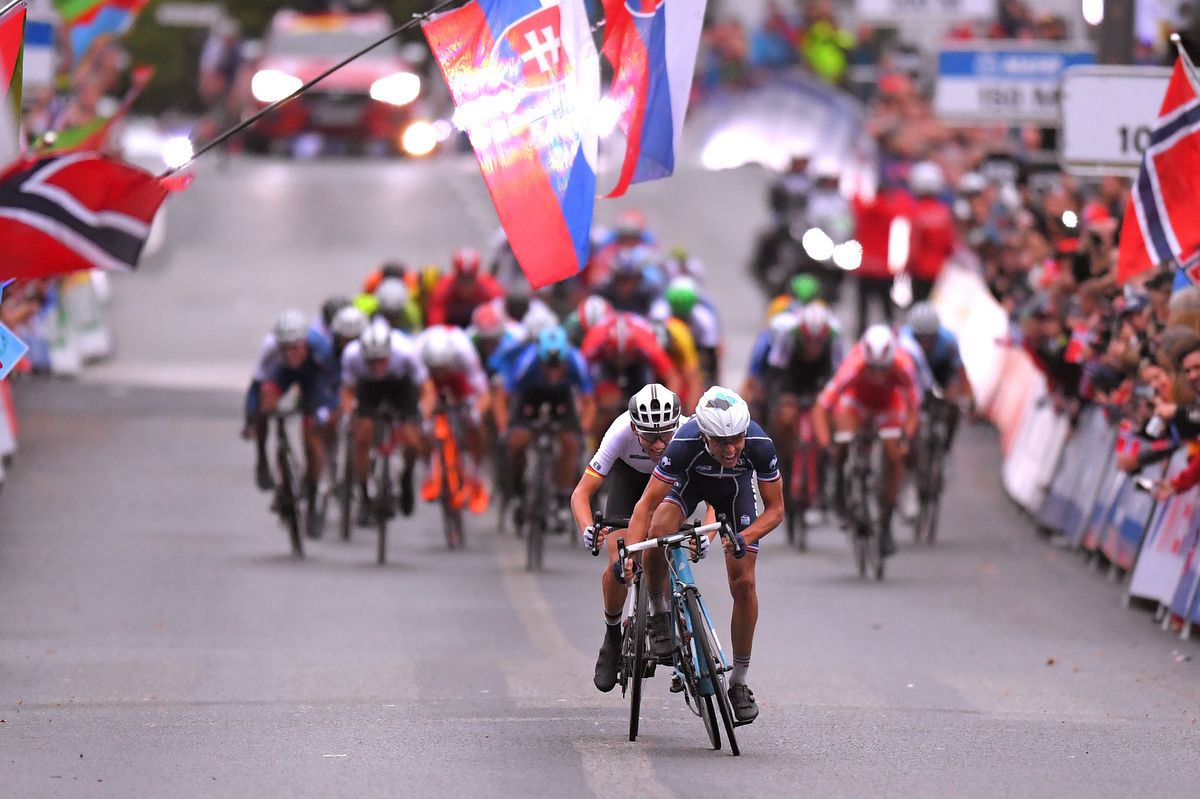 Benoit Cosnefroy (France) leads the sprint to the line