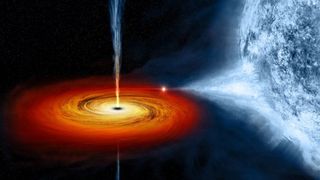 An illustration of a black hole stripping material from a star in a microquasar