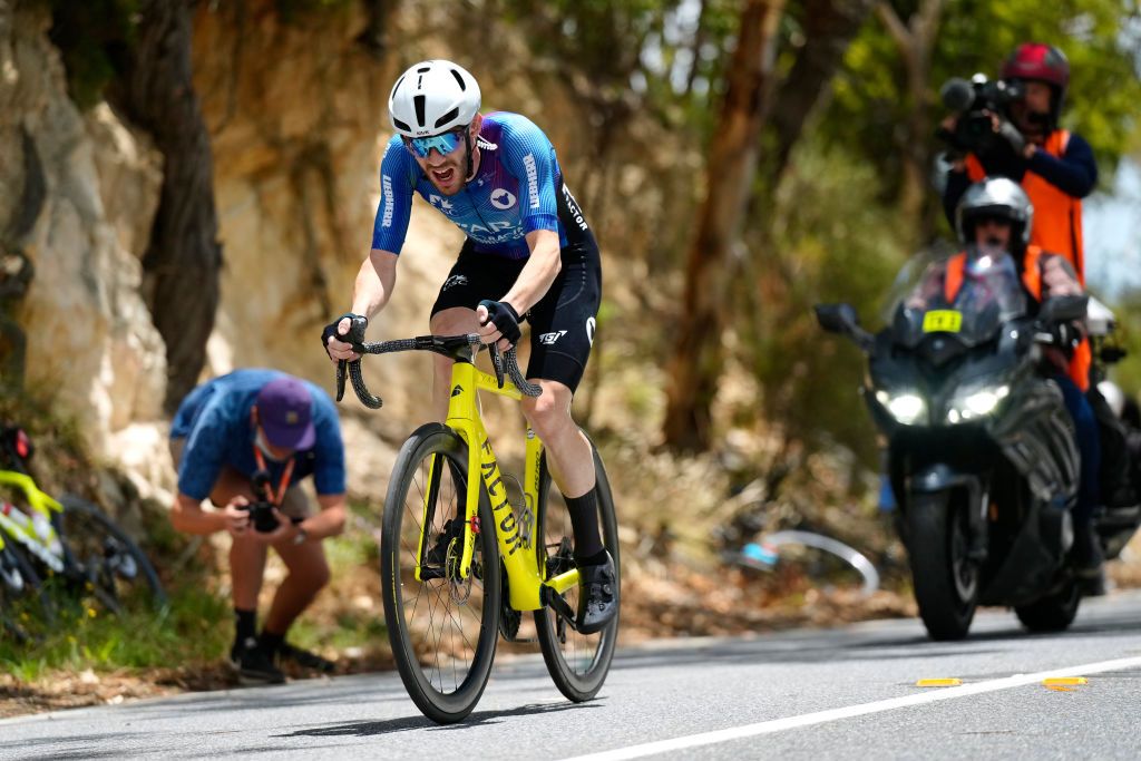 WILLUNGA HILL AUSTRALIA JANUARY 29 Angus Lyons of Australia and Team Ara Pro Racing Sunshine Coast competes to win the 2nd Santos Festival Of Cycling 2022 Mens Elite Stage 3 a 1132km stage from McLaren Vale to Willunga Hill 224m TourDownUnder on January 29 2022 in Willunga Hill Australia Photo by Daniel KaliszGetty Images