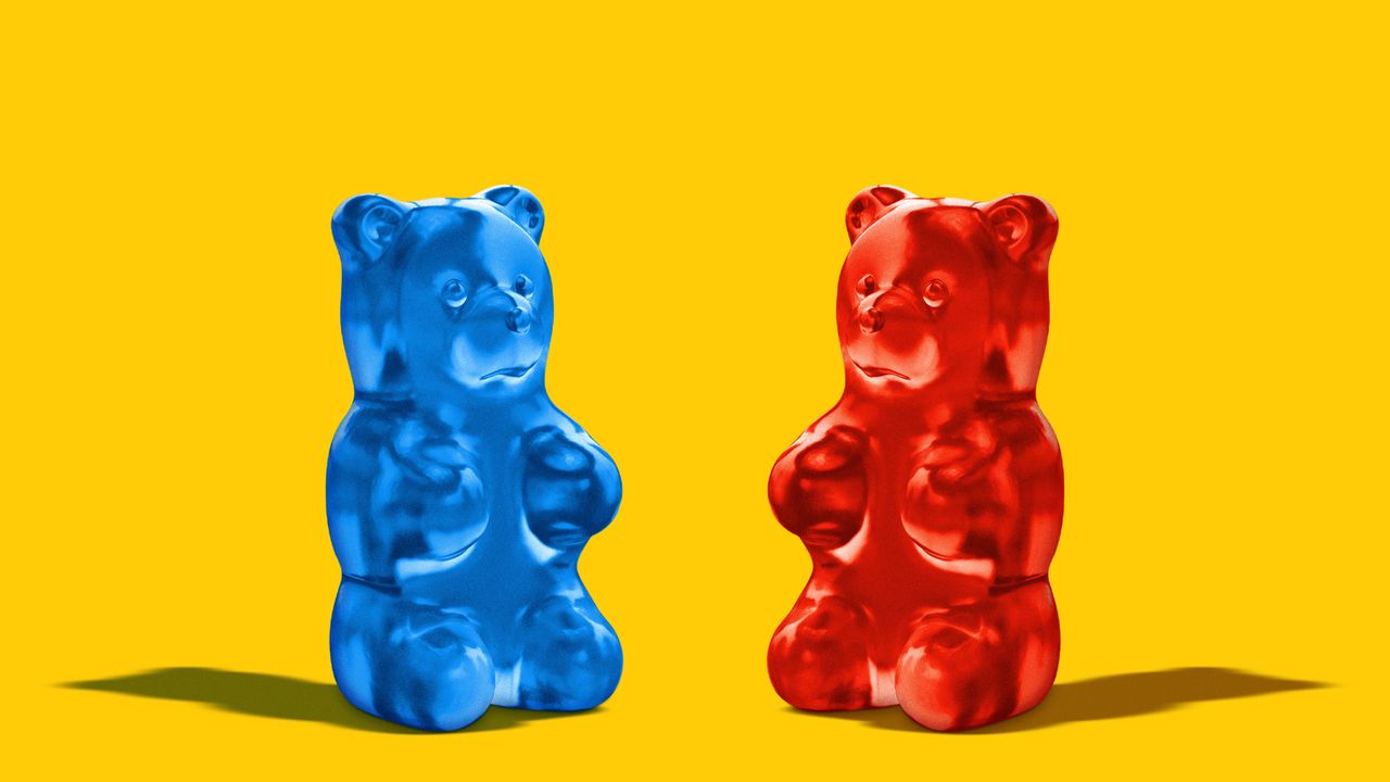 Illustration of blue and red gummy bears