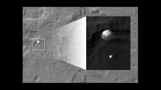 NASA's Curiosity rover and its parachute were spotted by NASA's Mars Reconnaissance Orbiter as Curiosity descended to the surface on Aug. 5 PDT (Aug. 6 EDT). 