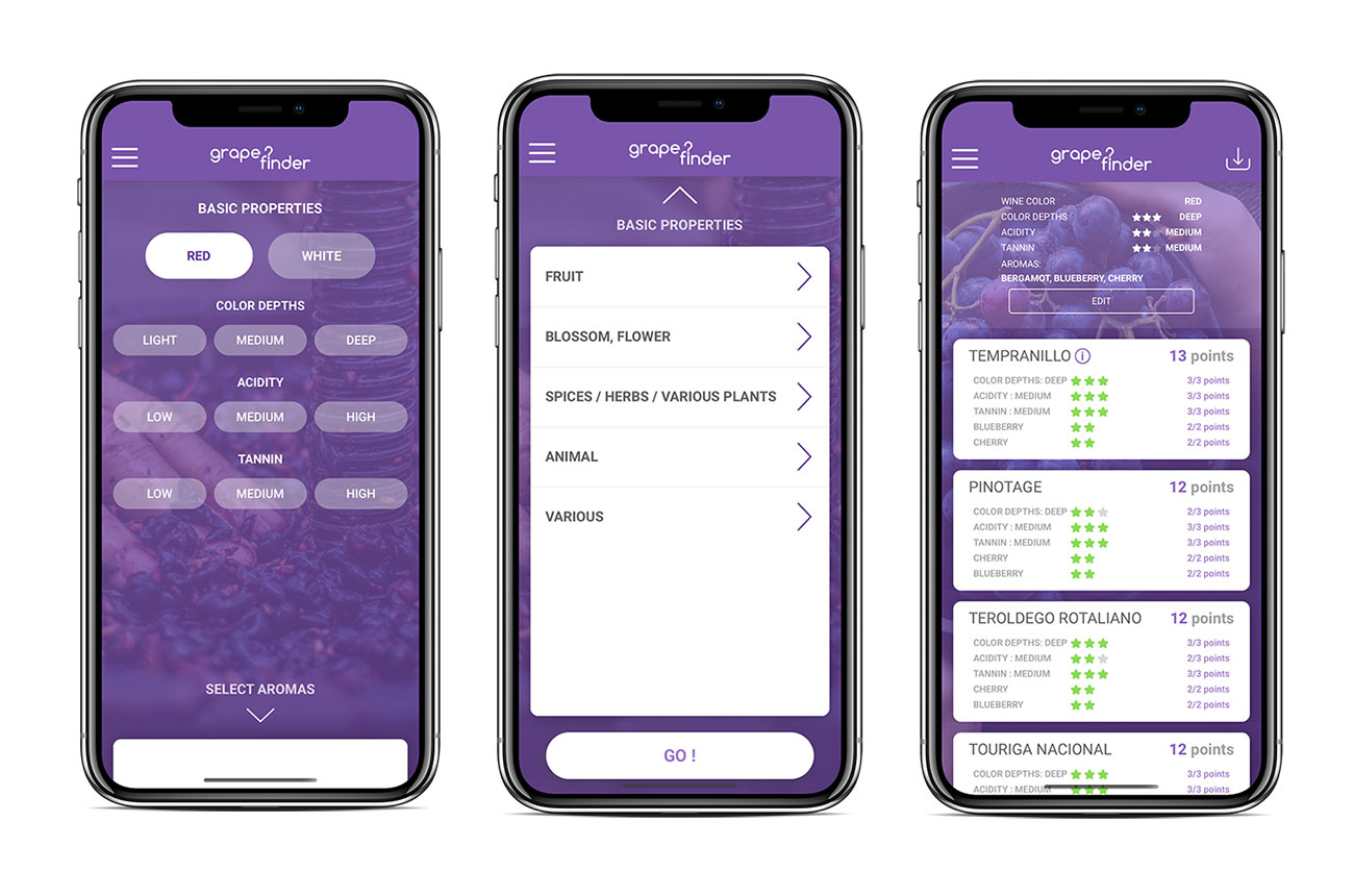 grape?finder app screens