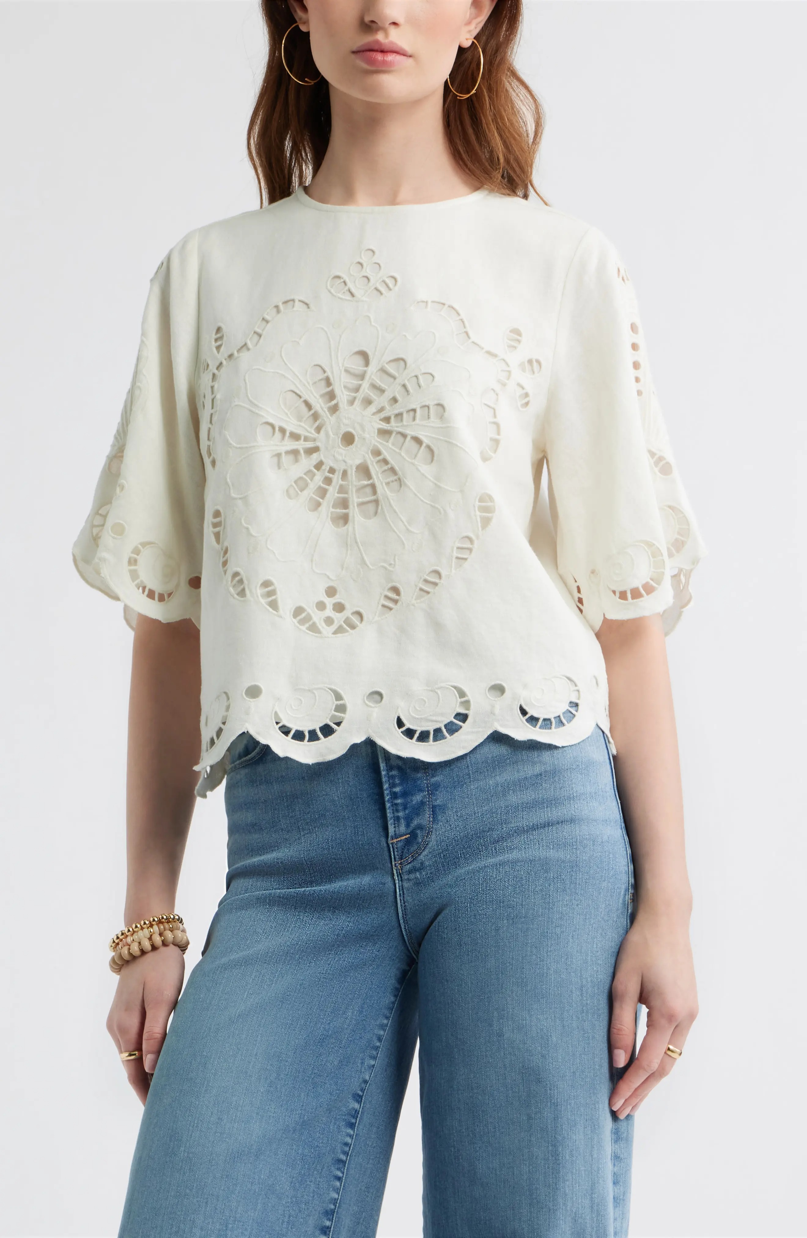 Treasure &amp;amp; Bond, Eyelet Linen Blend Top