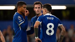  Ben Chilwell of Chelsea talks to team mates Thiago Silva and Enzo Fernandez during the Premier League match between Chelsea FC and Luton Town at Stamford Bridge on August 25, 2023 in London, England. (Photo by Joe Prior/Visionhaus via Getty Images)