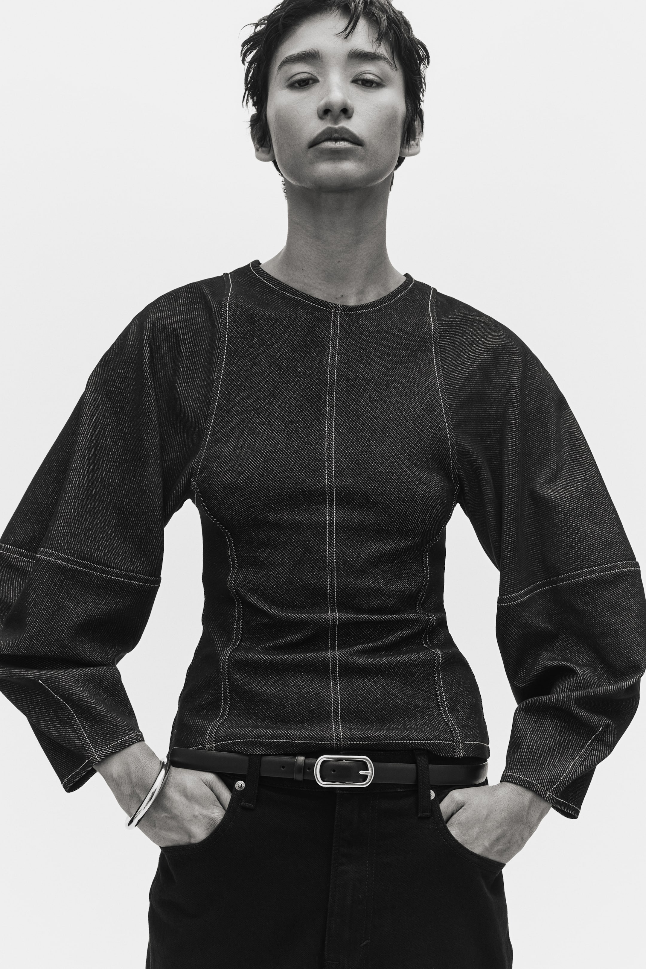 Denim-Look Top - Dark Gray