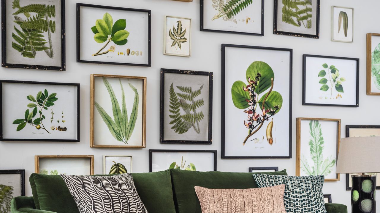 a botanical gallery wall with a green velvet sofa at front