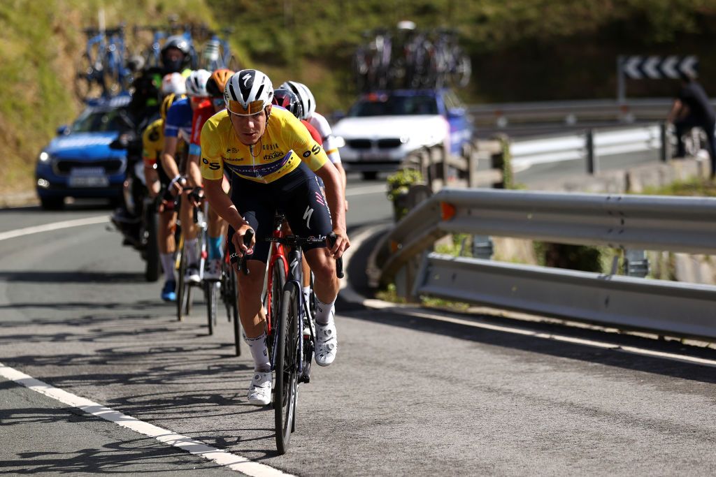 ARRATE SPAIN APRIL 09 Remco Evenepoel of Belgium and Team QuickStep Alpha Vinyl Yellow Leader Jersey competes in the breakaway during the 61st Itzulia Basque Country 2022 Stage 6 a 1357km stage from Eibar to Arrate itzulia WorldTour on April 09 2022 in Arrate Spain Photo by Gonzalo Arroyo MorenoGetty Images
