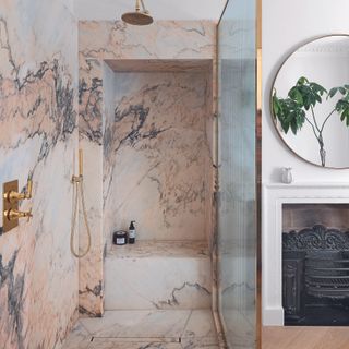 Marble beige bathroom with marble shower