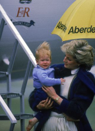 Princess Diana and baby Prince Harry at Aberdeen airport 1985