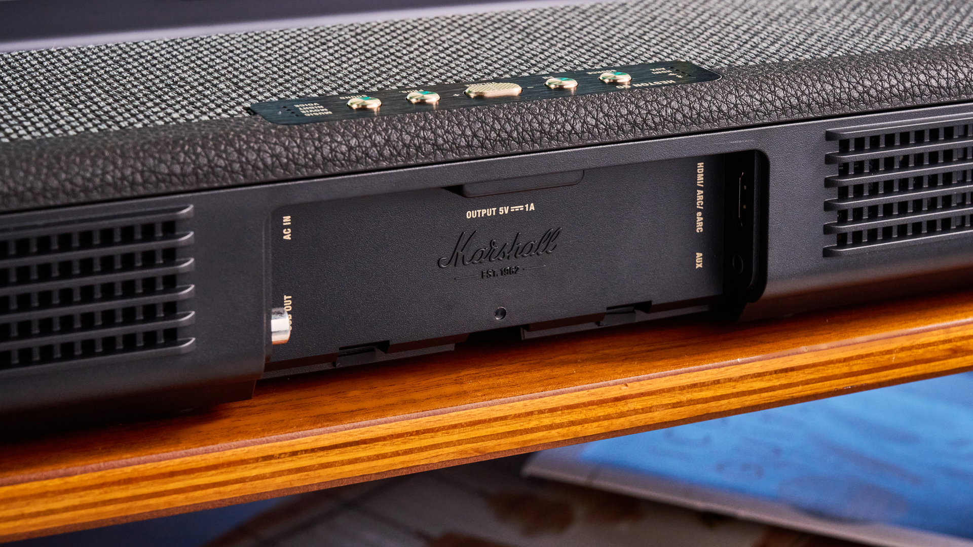 A Marshall Heston 60 compact mid-range soundbar in black