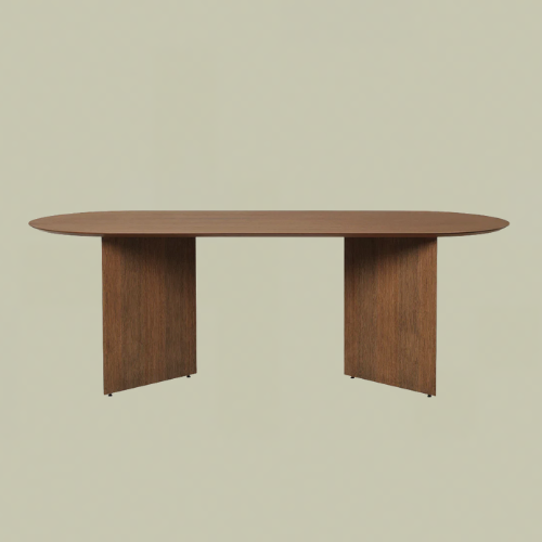 An oval wooden dining table