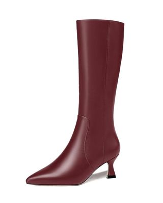 Ambelight Women Matte Dress Solid Pointed Toe Knee High Zip Wedding 2 Inch Kitten Low Heel Boots Burgundy Size 5