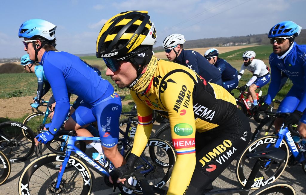 JumboVismas Slovenian rider Primoz Roglic C competes during the 1st stage of the 80th edition of the Paris Nice cycling race 160 km between ManteslaVille and ManteslaVille on March 6 2022 Photo by FRANCK FIFE AFP Photo by FRANCK FIFEAFP via Getty Images